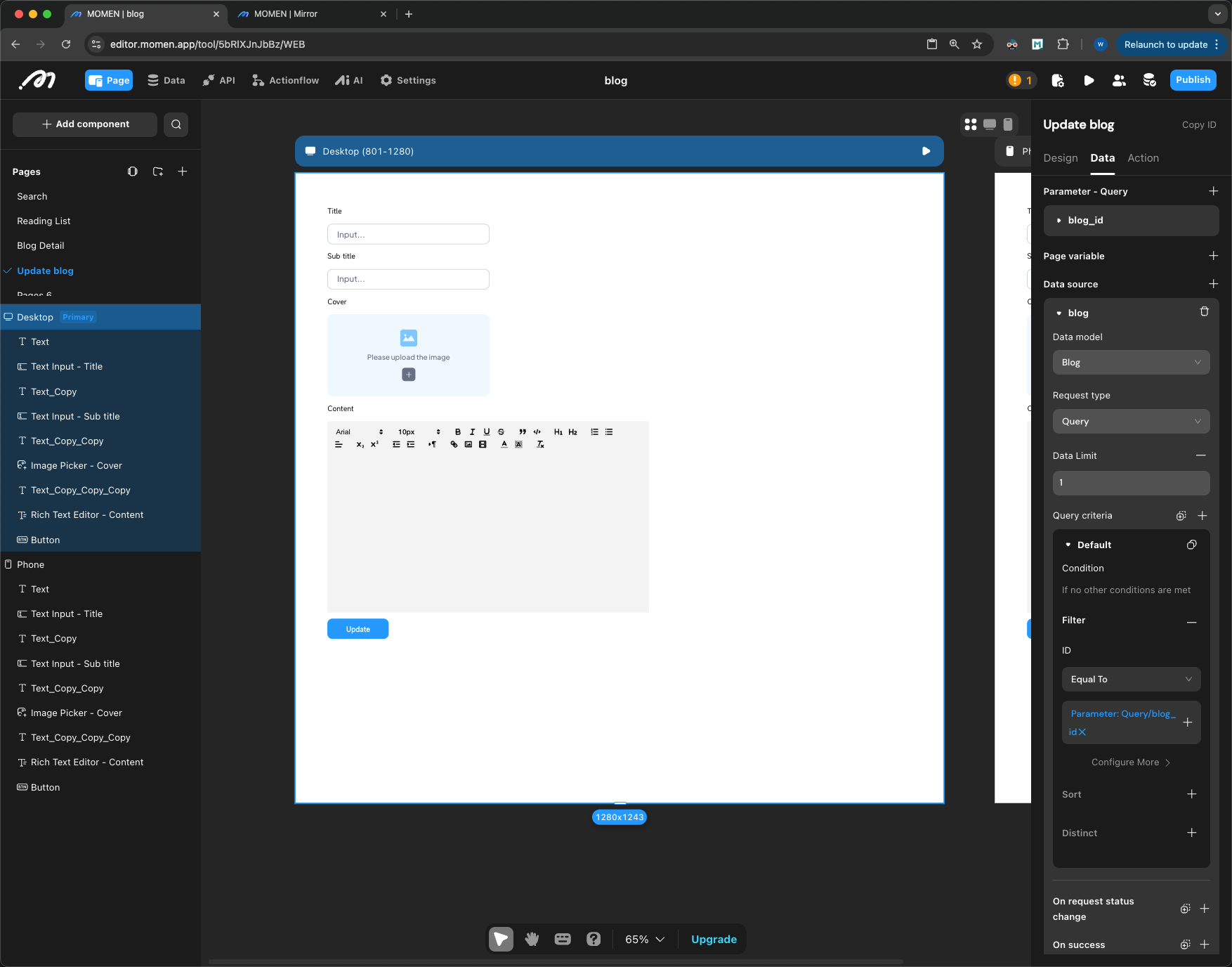 Blog update page data source configuration